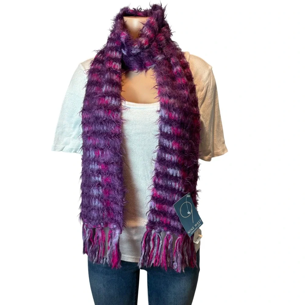 Nine West Vintage Y2K Ultra Soft Fuzzy Eyelash Knit Scarf NWT Purple Pink Stripe